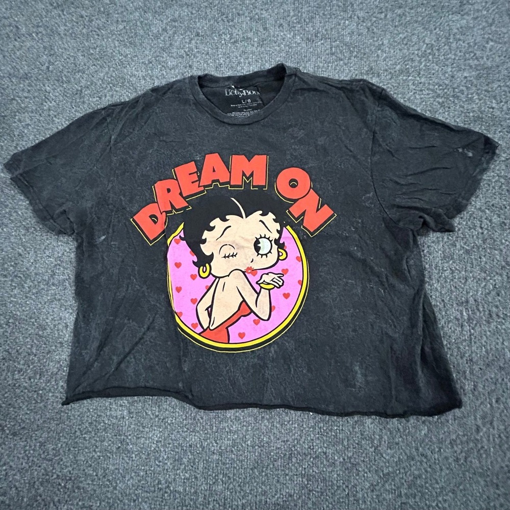 Betty Boop T-Shirt Womens Size L Black Mineral Wash Cropped Dream On Graphic Tee
